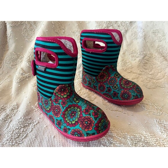 Bogs infants baby girls size 9 pansy stripe duck insulated winter boots - Picture 2 of 6